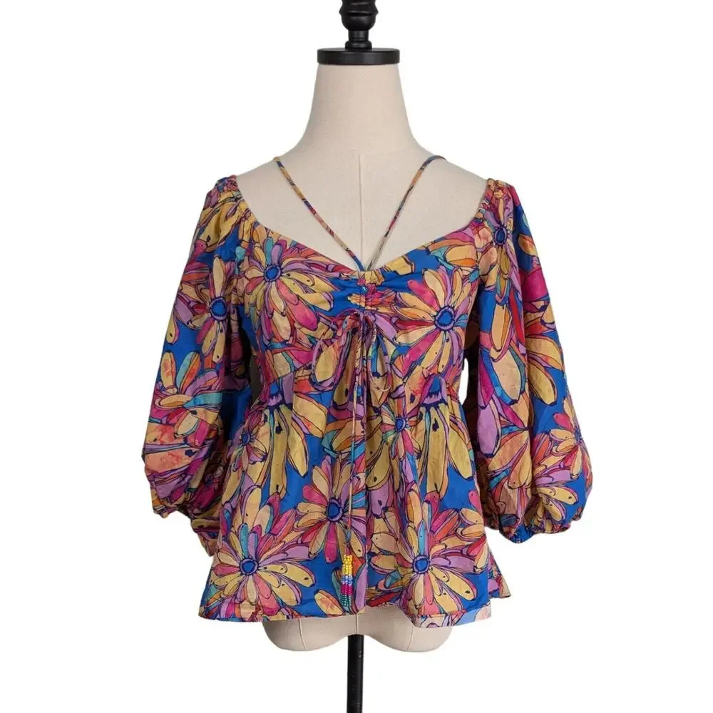 Farm Rio Top S Multicolor Floral Long Sleeve Puff Blouse Tropical Anthropologie